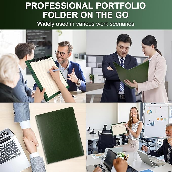 Clipboard Padfolio with Storage Pocket,Clipboard Folder Portfolio Organizer,360 Degree Foldable Clipboards,Faux Leather Padfolio Organizer (Olive Green, A4 Size Folder Without Elastic Band)
