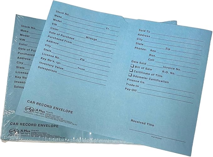 A Plus Car Record Envelope #19 Vehicle Dealer Jackets, 100 Quantity, Blue (P15)