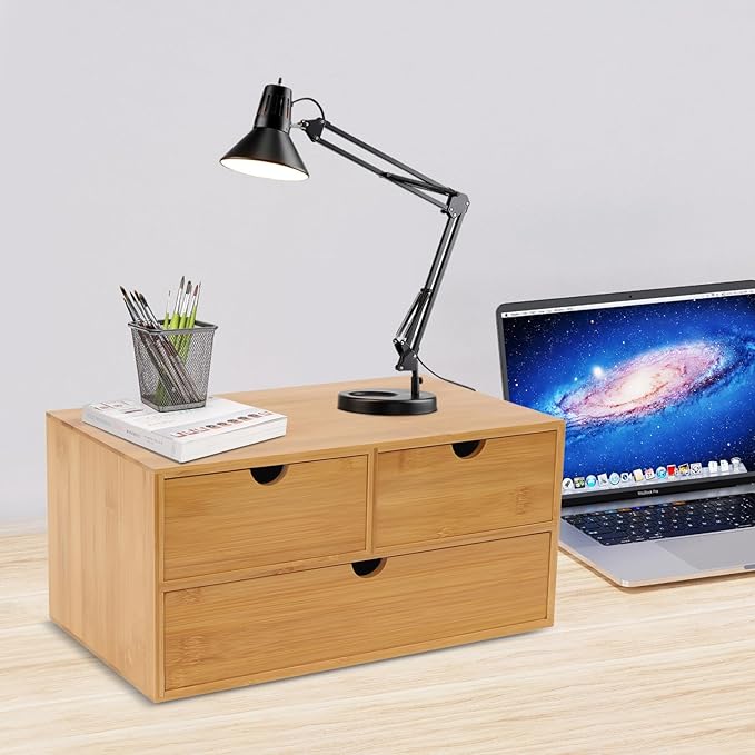Bamboo Desk Organizer With 3 Drawers, 3 Drawers Counter Storage Countertop Drawers Box,Modern Tabletop Organizer No Assembly Required For Office Supplies, Home, Makeup And Toiletries