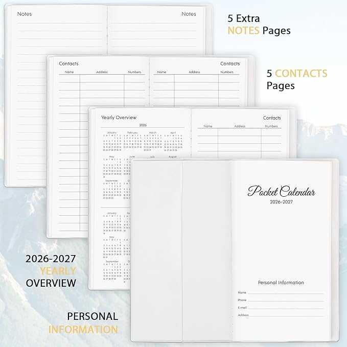 Pocket Calendar 2026-2027, Purse Planner, 3.7" x 6.7", Runs from January 2026 Until December 2027, Pocket Monthly Calendar with Mountain PVC Cover for Office