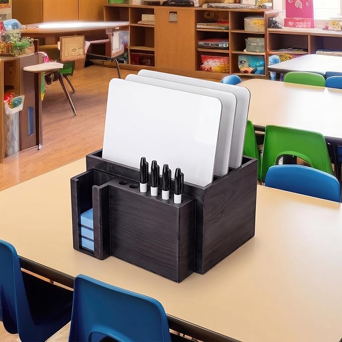 Novabright 10" x 9.75" x 6" Classroom Dry Erase Lapboard Storage Wooden Black Whiteboard Organizer hold up 6 dry erase board 6 Slot Pen 6 Erasers Storage for Desktop School, Office and Home, Classroom