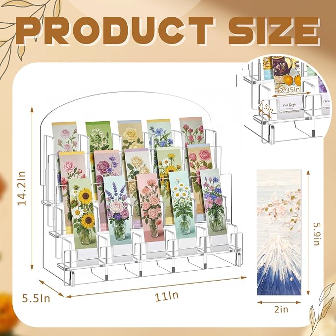 Yuntau Acrylic Bookmark Display, 0.2" Thick Acrylic Adjustable 2.2'' Stand, Portable Sticker Holder, Curved Pockets Greeting Card Display for Business Vendor, Retail Store Shop(detachable, 15 Pockets)