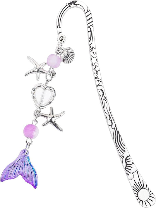 Fantasy Fish Tail Bookmark - Charm Purple Aesthetic Book Marks Cute Silver Chain Pendant Tassel Metal Bookmarks Reading Women Girls Kids Students Teachers Thank Valentines Gift Accessories