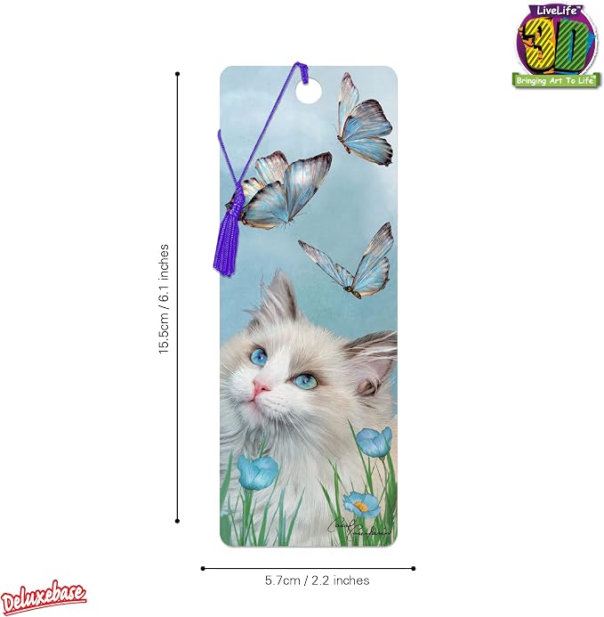 3D LiveLife Bookmark - Ragdoll & Butterflies from Deluxebase. Cute Lenticular Cat Page Marker. Animal Themed Accessories for Book Lovers. Small Gifts for Men, Women, Writers and Teachers.