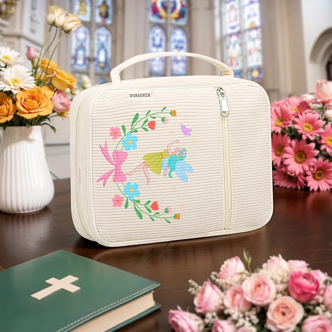 WOBAGMEN Bible Cover Case for Women,Large Bible Tote Bags Organizer Corduroy Carrying Case for Girls,Bible Study Supplies Accessories Christian Gifts for Women (Fairy, M)