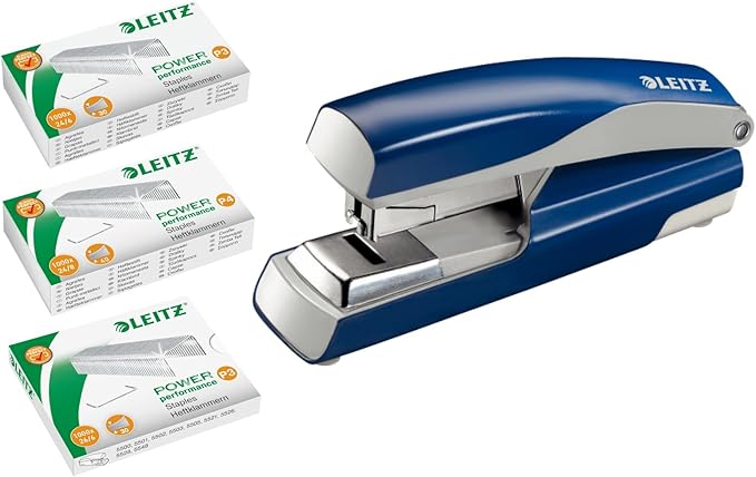 Leitz 5523 Strong NeXXt Flat Stapler, 40 Sheets with 1,000 Staples Each 24/6 24/8 and 26/6 (Blue, with Staples 24/6 24/8 26/6)