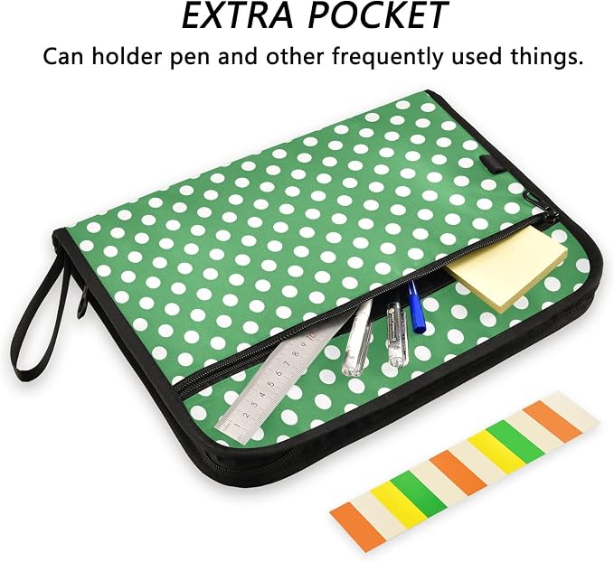 ALAZA Polka Dot Green White 13 Pocket Expanding File Folder with Labels, Accordion File Folder File Organizer Letter A4 Paper for Office School Student