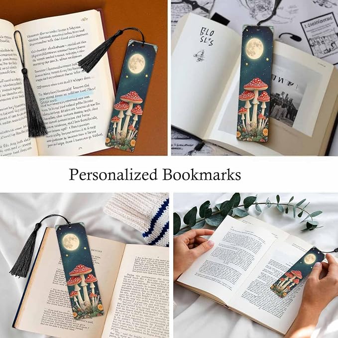 Mushroom Bookmarks 5 Pcs Moon Night Star Flower Wooden Bookmark with Tassels for Reading Book Lovers Gift Office School Readers Teacher
