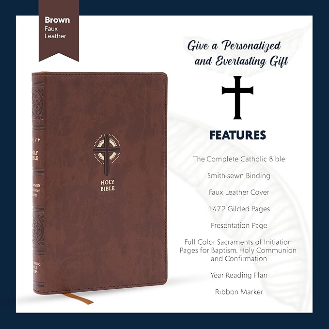 Personalized NRSV Sacraments of Initiation Edition Bible Faux Leather Medium Print Size | Custom with Name, Date or Text | Gift for Catholic and Religious Celebrations | Brown