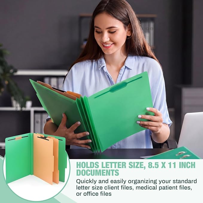 12 Pack Plastic Classification Folders with 2 Dividers & Fasteners, Heavy Duty 3.5” Expansion Letter Size File Folders for Law Client Files, Medical Records & Office Reports(Green)