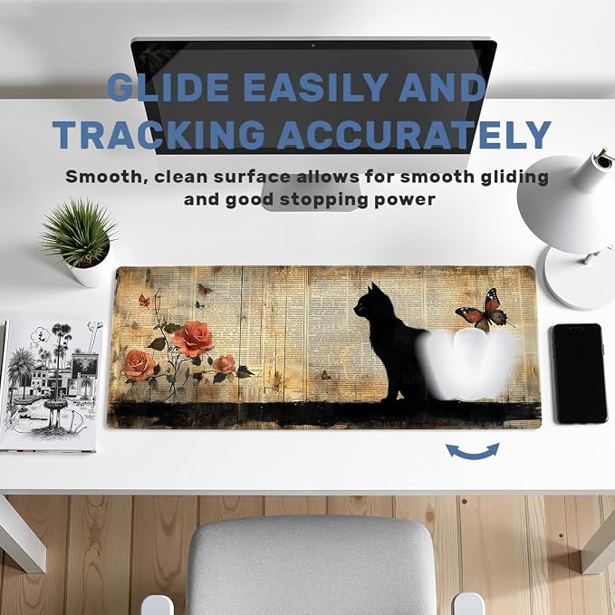 Black Cat Desk Mat 35.4 x 15.7 Inches Rose Butterfly Vintage Book Gaming Mouse Pad with Non-Slip Rubber Base, Smooth Cloth Surface Desk Keyboard Mat for Computer, PC, Laptop, Desktop