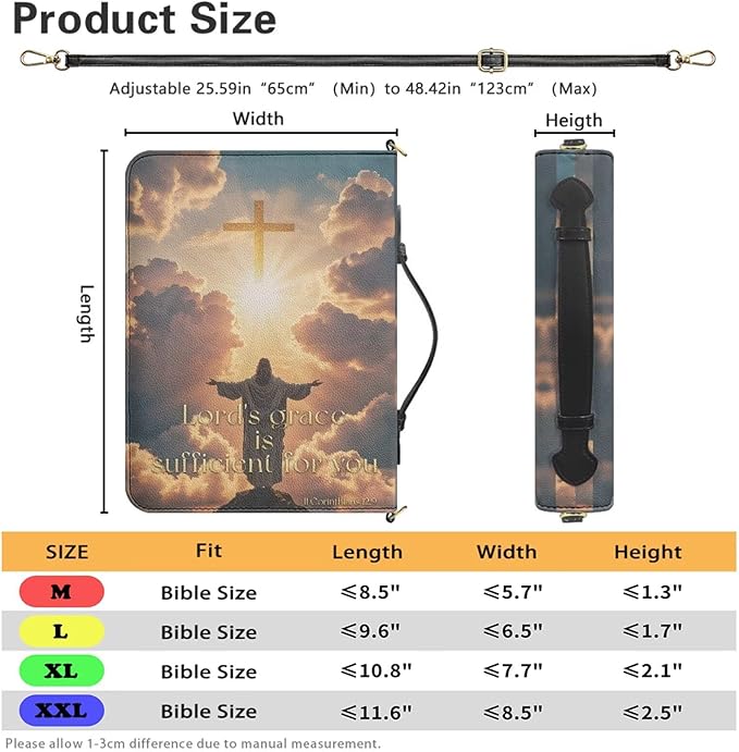 Large PU Leather Bible Cover for Men, Mens Bible Case with Strap and Handle, II Corinthians 12:9 Crucifix Print Biblia Carrier with Inner Pockets and Pen Loop, Christian Gifts for Men, Gold