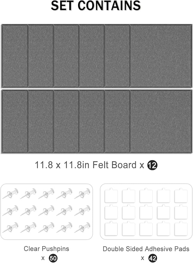 Hsurbtra Large Cork Board for Wall 47 x 36 Inch, 12 Pack Felt Bulletin Notice Board with Pushpins for Office Home School Farmhouse Wall Decor, Dark Gray