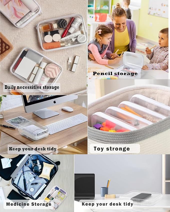 2 Pack Clear Hard Shell Zipper Case, Clear Storage Box With Zipper For Travel & Home, Hard Plastic Organizer Pouches For Cosmetics, Toys, And Office Supplies (White, Small)