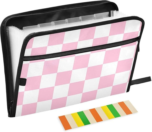 Pink Checkerboard Expanding File Folder Accordion File Organizer 13 Pockets Document Organizer with Zipper Labels Office Storage for Letter A4