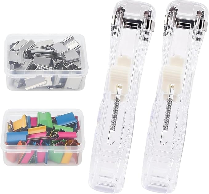 Portable Binder Clip Stapler - Includes 100 Reusable Clips, Compact No-Hole Binding Refillable Handheld Design, Portable Binder Clip Stapler for Office School Home Document Organization (White*2)
