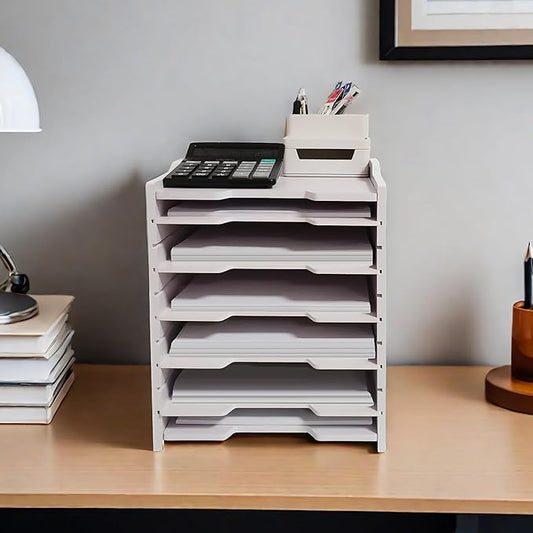 A4 Wooden Desk Letter Tray, Paper Organizer Storage with Adjustable Shelves, Stackable File Sorter for Notes, Pens, File Paper and Desk(Portrait-6tray(with 5 Adjustable Shelves))