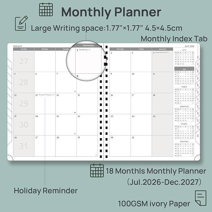 POPRUN 2026-2027 Monthly Planner, Large 8.5" x 10.5", 18 Month Calendar (July 2026 to December 2027) with Expense Tracker, Notes Pages, Sprial Bound, Leather Softcover - Brown