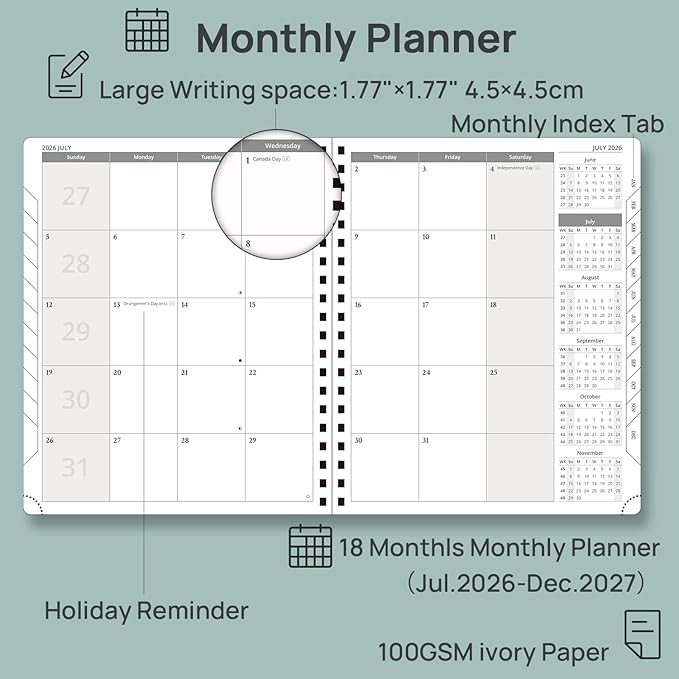 POPRUN 2026-2027 Monthly Planner, Large 8.5" x 10.5", 18 Month Calendar (July 2026 to December 2027) with Expense Tracker, Notes Pages, Sprial Bound, Leather Softcover - Cerulean Blue