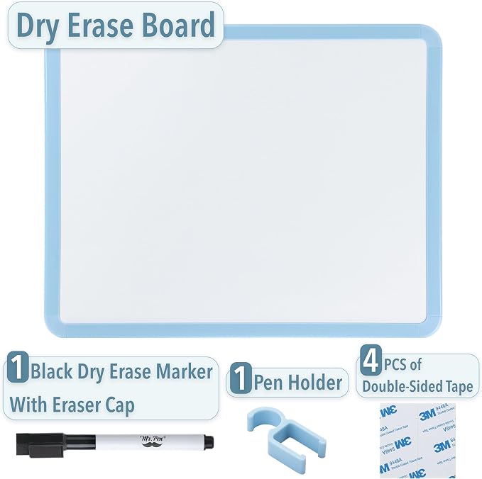 Mr. Pen- Dry Erase Board, 14” x 11” with a Black Dry Erase Marker, Blue Frame, Small Mini White Board for Students, Fridge, Wall, Locker, Includes Double Sided Tapes