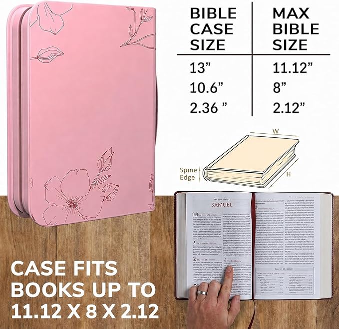 DEHITE Bible Cover Case for Women — Bible Carrying Case for Woman — Pink Extra Large Holder Bag — Fits Book 11.1 x 8 x 2.1 in — Pen Slots — Zippered Pocket — Premium Faux Leather — Christian Gift