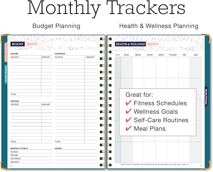 Undated Family Planner Organizer – 8.5" x 11" Weekly & Monthly Calendar for 5+ People, Meal Planning, Budgeting, Habit Tracker – Hardcover, Household Schedule Organizer for Parents, Kids, & Caregivers (Teal Floral)