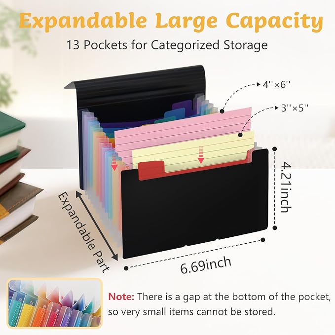 4x6 Inch Index Card Holder Box Organizer Storage Case 3x5 Inch Flash Note Card File Box with 13 Expandable Pockets and Label Stickers Large Capacity Recipe Coupon Organizer Book Sticker Album