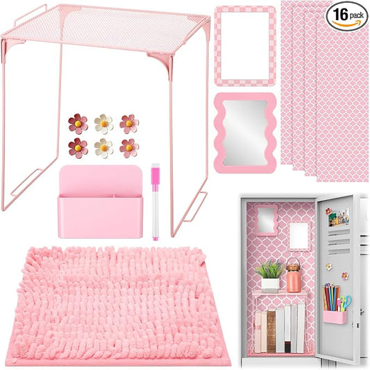 Eaasty 16 Pcs Pink Locker Accessories for Girls Locker Organizer Decorations Includes Shelf Wallpaper Magnetic Whiteboard Mirror Marker Rug Flower Magnets for Back to School Work Gym(Pink Quatrefoil)