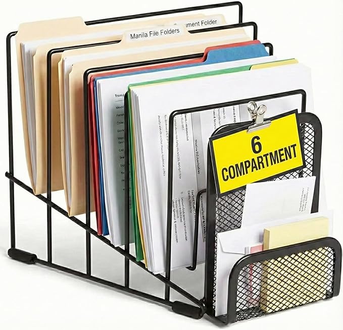 1InTheOffice Metal Incline Desktop File Sorter, Wire File Organizer, Multi Step File Organizer, Black Wire Mesh Step Sorter, Wire File Rack