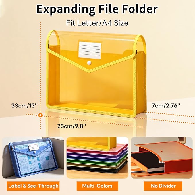 10 Pack Plastic Expanding File Folder, Transparent Folders for Documents with Snap Closure, Large Capacity, No Dividers, Fit Letter/A4 Size, 9 Colors for Tax, Office & Home School Organizer