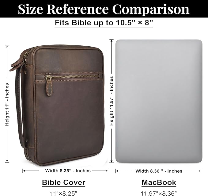 LEATHER VILLAGE Genuine Leather Bible Cover with Zipper for Men & Women - Large Bible Case Carrying Bag Book Cover & Organizer with Handle and Pockets - Leather Bible Covers for Church Study - Brown
