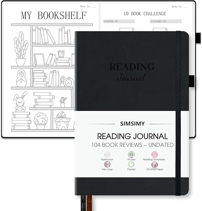 Reading Journal with 104 Book Reviews, Book Journal for Books Lovers & Readers - Review and Track Your Reading Progress, Reading Log Notebook Gift, A5, Black