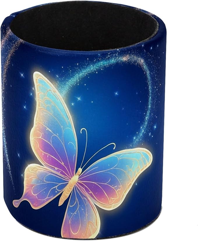 Leather Pen Holder for Desk, Butterfly Makeup Brushes Holder Pencil Cup Multifunctional Desktop Organizer Caddy for Home School Office Desk Accessories
