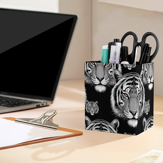 Holder Cup Makeup Brush Storage Organizer, Waterproof Multifunctional Office Supplies, Pen Holder Square Leather Pencil Animal Tiger Black