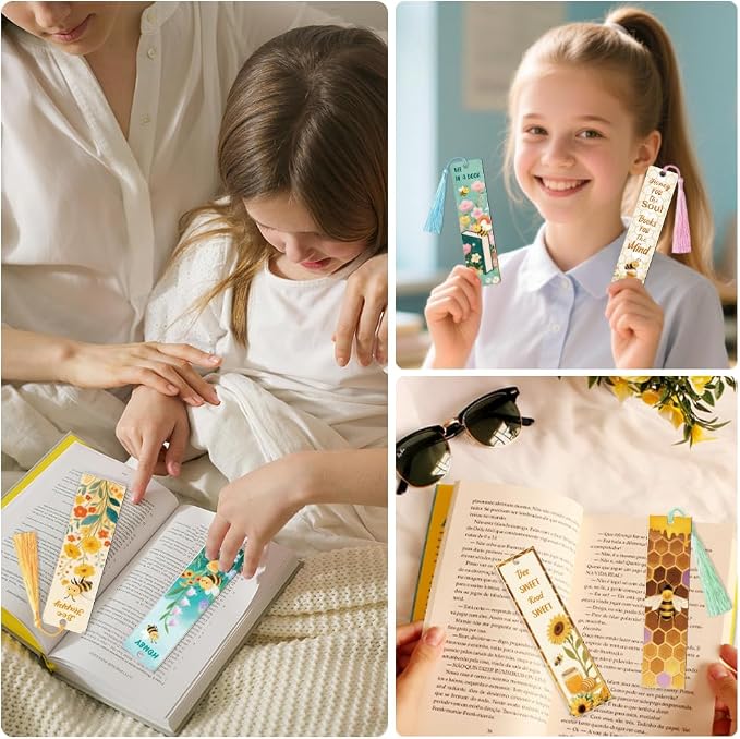 Peacoblue 30pcs UV DTF Bookmarks Transfer Stickers Wraps Bees and Flowers for Women Men Reading, Waterproof Bookmarkers Decal(No Blank Bookmarks) for Acrylic Plastic Metal Blank Bookmark