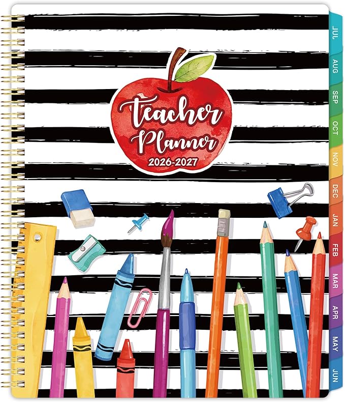 Teacher Planner 2026-2027 - Lesson Planner, Jul. 2026 - Jun. 2027, 8.5" x 11", Planner 2026-2027, Teacher Lesson Planner, Twin-wire Binding, Inner Pocket - Apple and Pencil