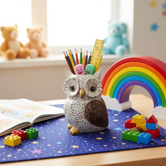 MUAMAX Owl Pen Holder, Owl Pencil Holder for Desk, Makeup Brush Holder Resin Resin Desk Organizer Decorative Accessories, Cute Pencil Cup Pot Desktop for Office Supplies, Classroom, Home