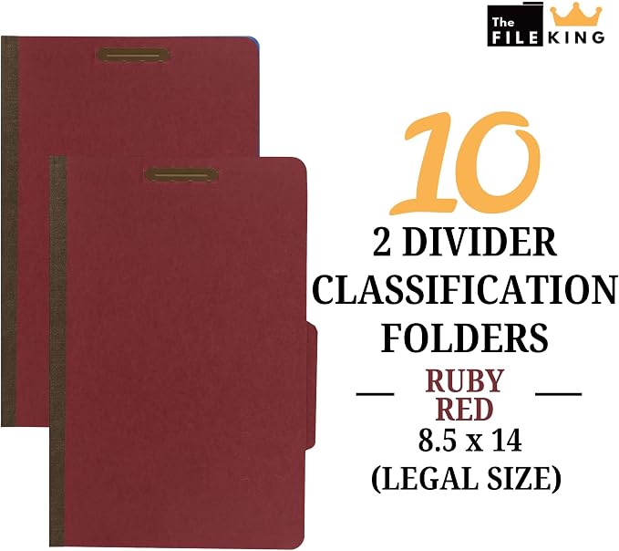 The File King Pressboard Classification Ruby Red Partition File Folder | Legal Size - Box of 10 | Two Dividers | Six 2” Durable Fastener Prongs | 2/5 Cut Top Tab | 2” Expansion