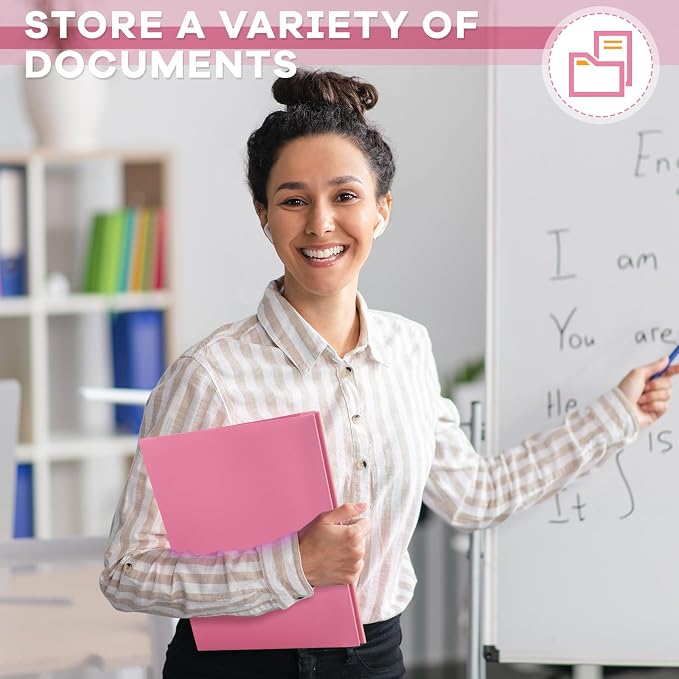 Henoyso 36 Pcs Plastic Folder with Clear Front Pocket and 3 Prong Plastic Folders with Card Slot Pocket Folders with Prongs for School Office (Pink)