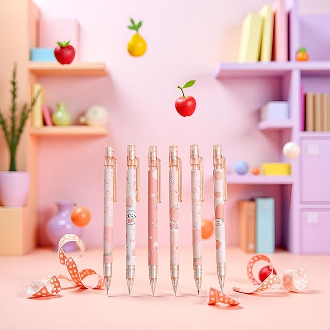6 Pcs Mechanical Pencils with Eraser,Cute Mechanical Pencils With Top Peach Automatic Stationery Gift Peach Automatic School Office Supply,Writing and Correction Supplies