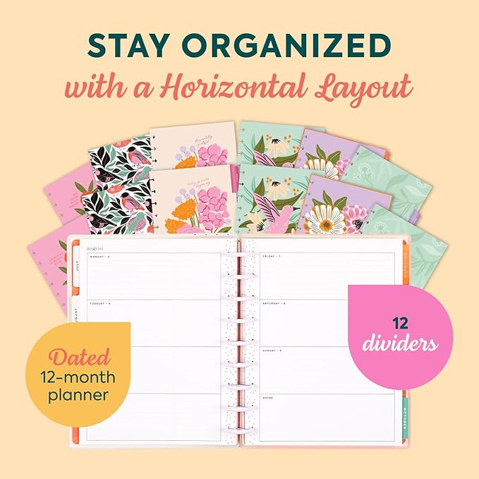 Happy Planner Disc-Bound Planner July 2026–June 2027, Includes 3 Extra Months and 2 Sticker Sheets, Classic Size, 7" x 9.25", Horizontal Layout, Feathered Flora