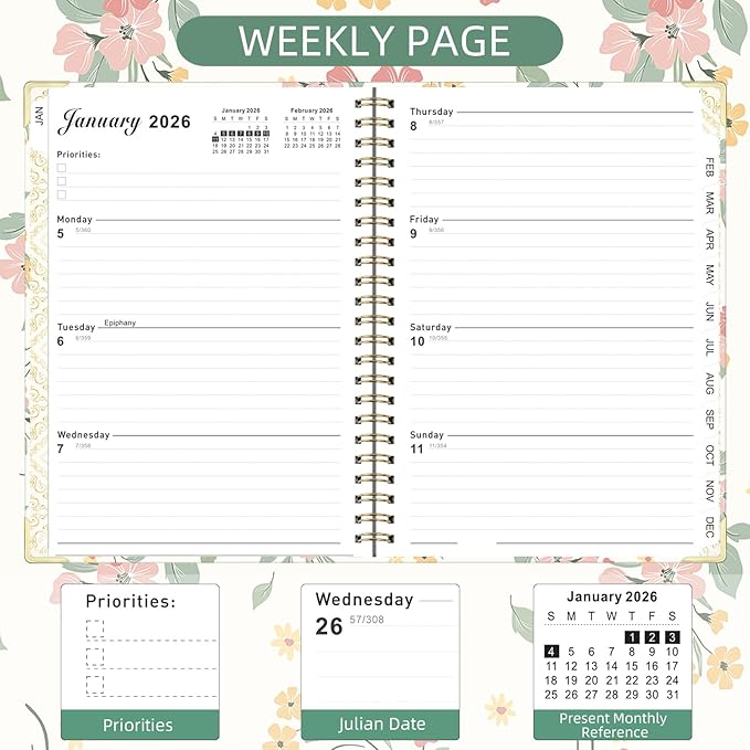 2026 Monthly Planner, Jan.2026 - Dec.2026 Weekly Monthly Planner 6.25"x8.5" with Page Tabs, Calendar Hardcover with Inner Pocket, Elastic Band, Twin-Wire Binding, Bookmark, Pink Bouquet