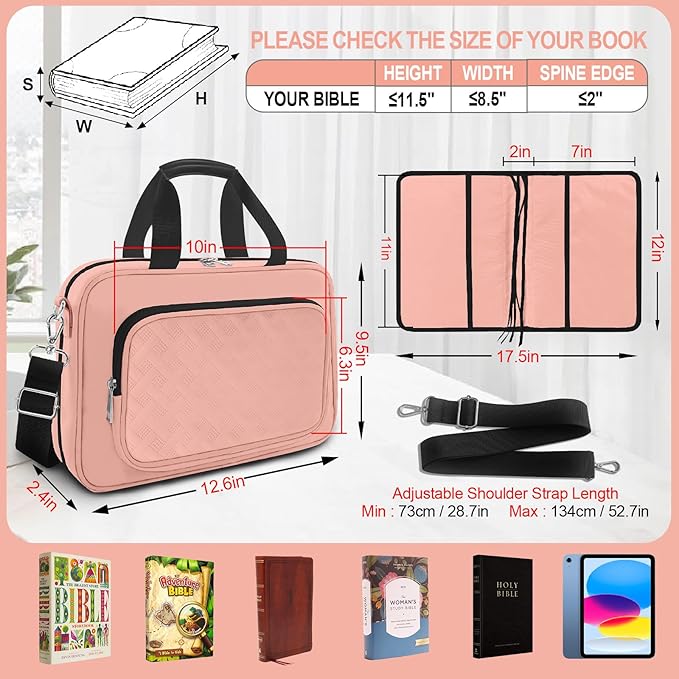 Large Bible Cover Case for Women, Book Carrying Case with Highlighters Tabs Pens, Bible Bag for Girls Organizer, Bible Holder Bible Study Supplies Journaling Kit, Christian Gifts Pink