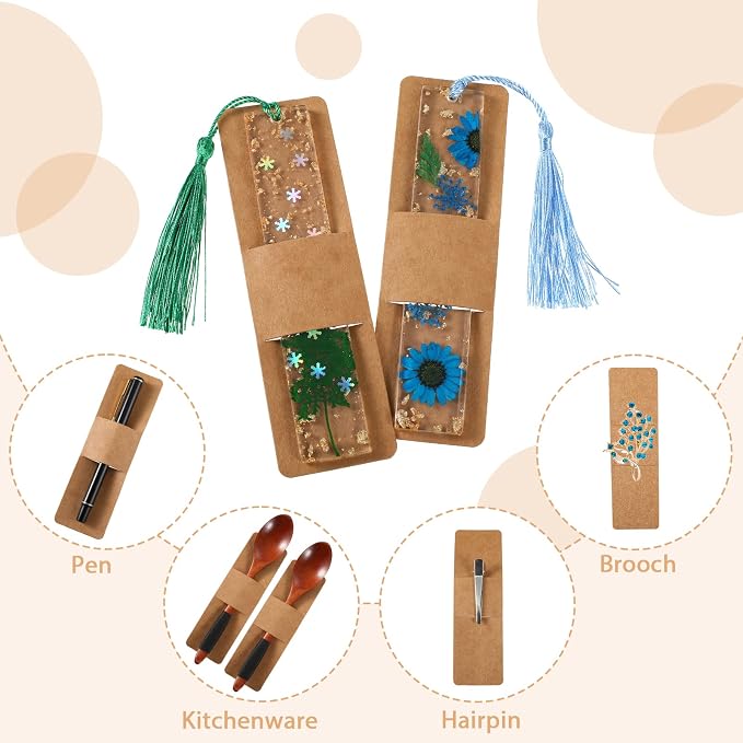 Fumete 50 Pieces Resin Bookmark Holder Bulk 5.9 x 1.8 Inches Kraft Bookmark Sleeves DIY Display Cards for Wrapping Small Business Packaging Supplies Party Favor Gifts(Cute,Brown)