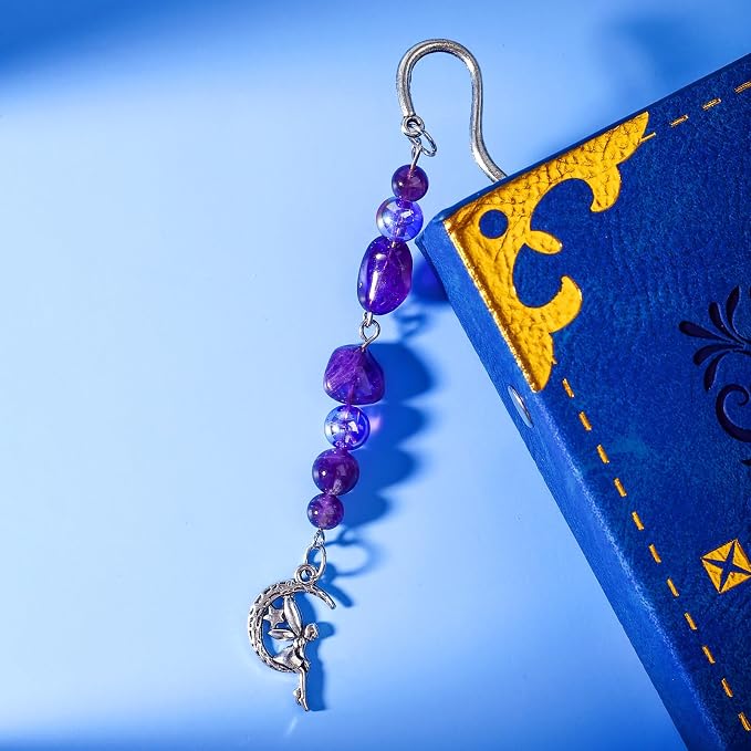 Vintage Metal Angel Bookmark Pendant with Natural Crystal Bead Chain–Elegant Fairy Bookmarks for Women,Men,Book Lovers,Teachers and Students(Amethyst)