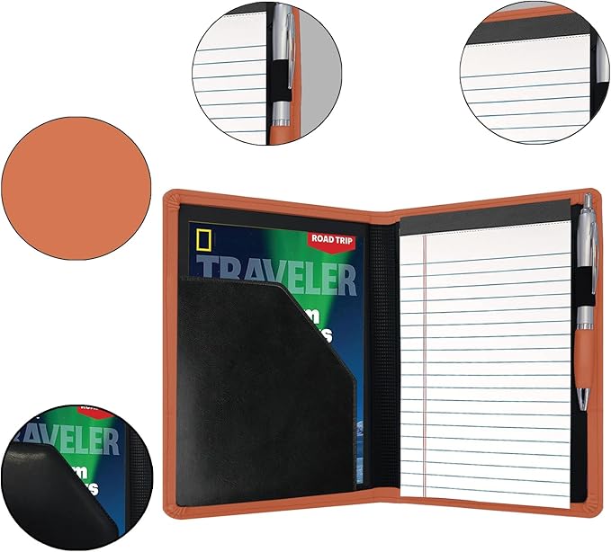 Classic Padfolio/Junior Portfolio Folder Case, Business A5 Binder Organizer Notepad for Men Women, 5 x 8 Writing Pad Included, Orange