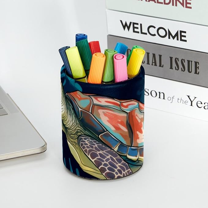 Pen Holder for Desk, Sealife Turtle Leather Round Pencil Cup Stationery Supplies Holder, Large Capacity Makeup Brush Holder for Home, Office
