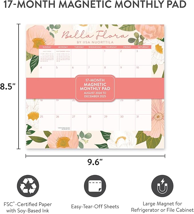 2025 Calendar - Magnetic Monthly Calendar 2024-2025, Orange Circle Studio 12 Month Calendar, 8.5" x 9.6" January 2025 - December 2025, Bella Flora Print, Magnetize to Fridge or Filing Cabinet