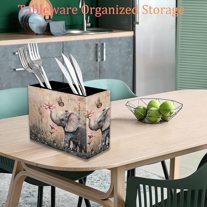 Pen Holder, Pencil Case, Makeup Brush Storage Box, Tableware Storage Box, Suitable for Office Or Home Item Organizing Stand - Cute Little Elephant Flower