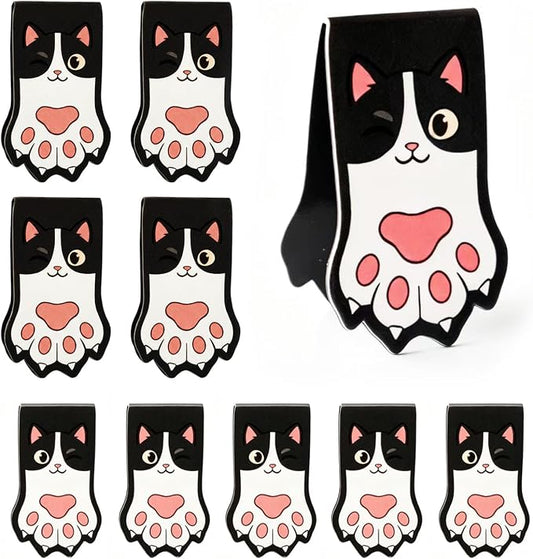 10PCS Kawaii Cat Paw Magnetic Bookmarks with, Adorable Cat Face Page Holders, Funny Reading Accessories for Teachers Book Lovers Office Gifts，Unique Gifts for Women(Black & White)